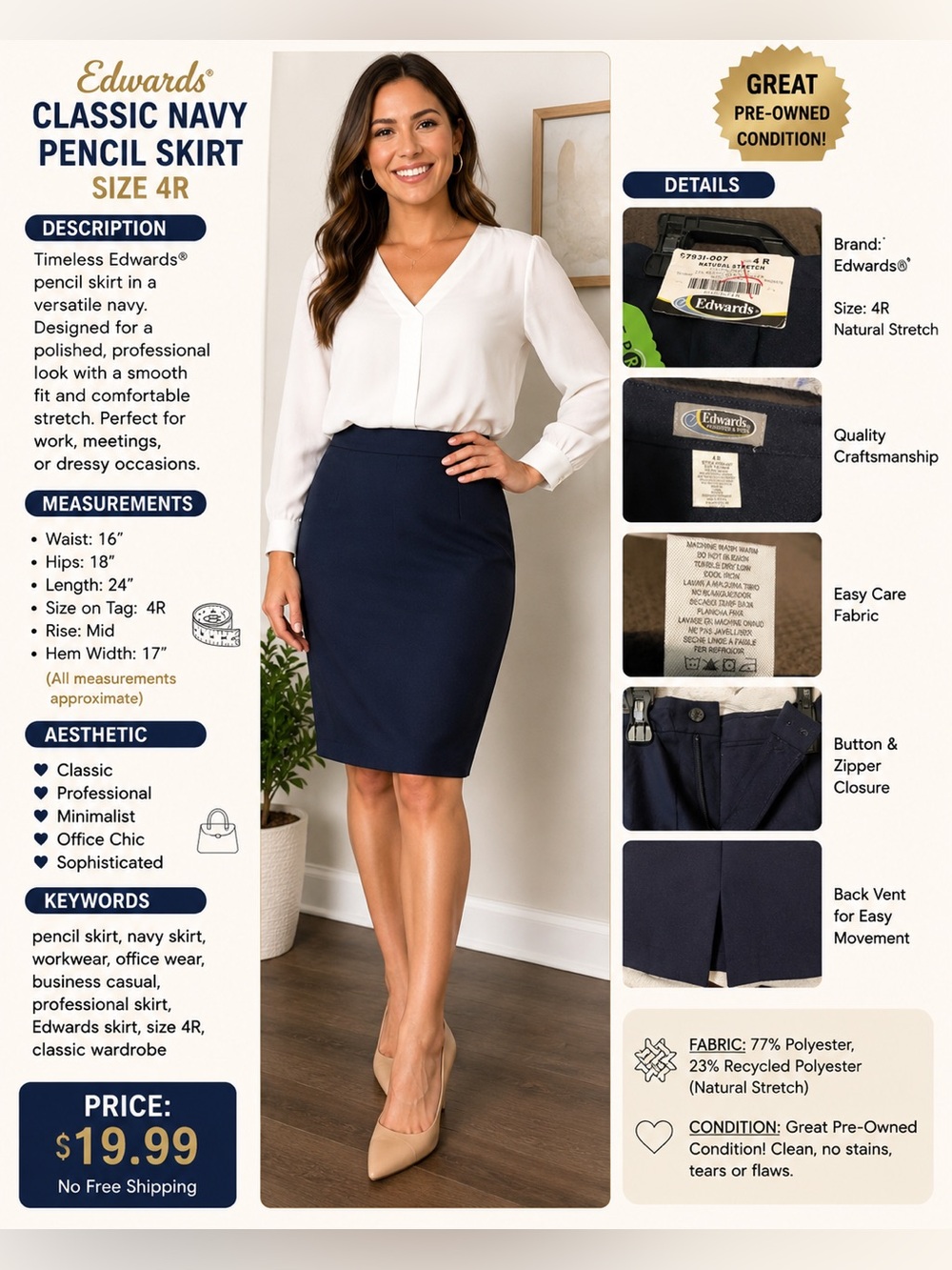 Structured Navy Pencil Skirt for Women - Professional Office Wear - Picture 1 of 12